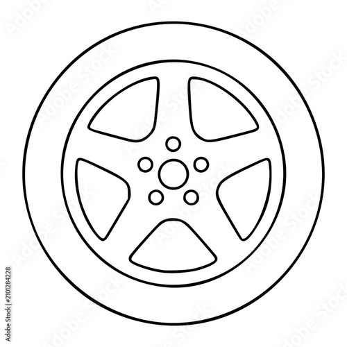 Vector illustration of car wheel rim with five spokes and tire, high quality hand-drawn outline style, minimalist line art icon for automotive transport and vehicle maintenance concept