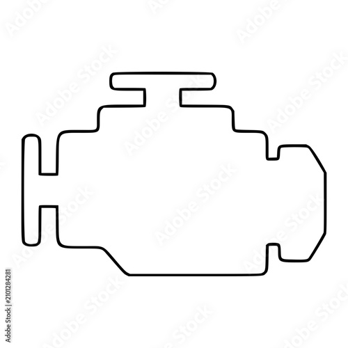 A minimalist black line art vector icon of a car engine block outline, representing a check engine warning light symbol on a dashboard, suitable for automotive repair and maintenance illustrations.