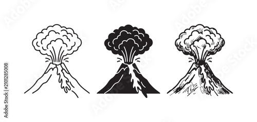 Obraz na płótnie Set of erupting volcano icons with smoke and flowing lava, depicted in outline, solid glyph, and hand-drawn sketch styles