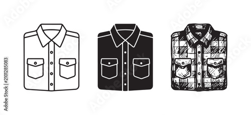 Folded utility shirt icon set with pockets in outline, solid, and hand-drawn plaid styles.