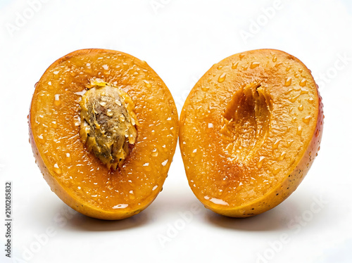 Mango Cut in Half with Water Drops Showing Seed Isolated on White Background