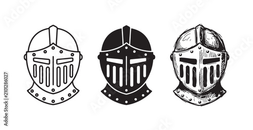 Obraz na płótnie Medieval knight helmet icon set: Outline, solid black, and hand-drawn sketch styles of a historic armored headpiece