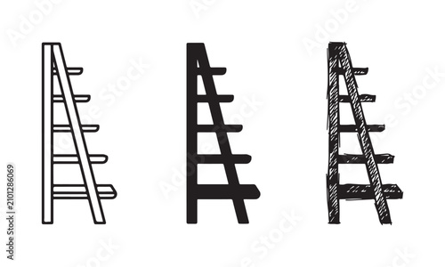 Step ladder icon set: Outline, solid black, and hand-drawn sketch styles for construction, home improvement or DIY.