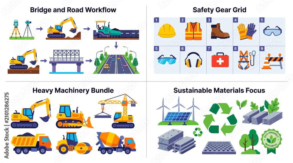Naklejka premium Construction and Infrastructure Infographic Set with Heavy Machinery, Safety Gear, and Sustainable Materials