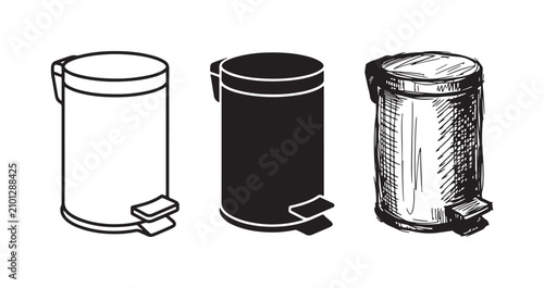 Photos Kitchen Pedal Trash Can Icons in Outline, Solid Silhouette, and Hand-Drawn Sketc