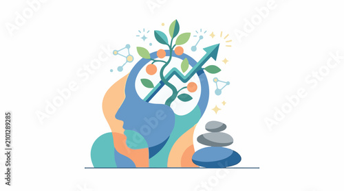 A colorful illustration of a human head with a plant growing out of it surrounded by abstract shapes and symbols