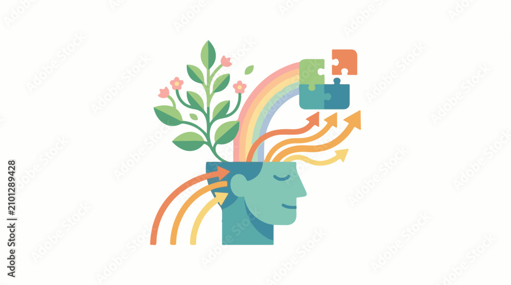 Obraz premium A stylized illustration of a human head with a plant rainbow and puzzle pieces emerging from it symbolizing growth an