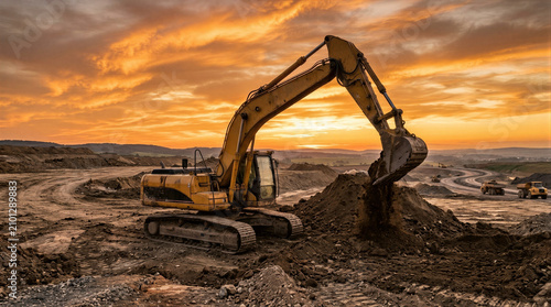Quadro su tela Excavator working at construction site during sunset