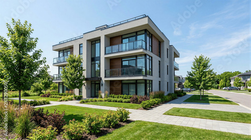 Quadro su tela Modern apartment building with glass balcony and green lawn