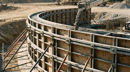 Fotografía Concrete pouring into circular formwork on construction site