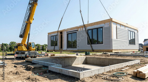 Foto Crane lowering modular house section onto concrete foundation