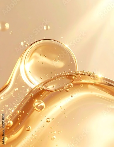 Macro Clear Viscous Liquid Texture with Golden Bubbles