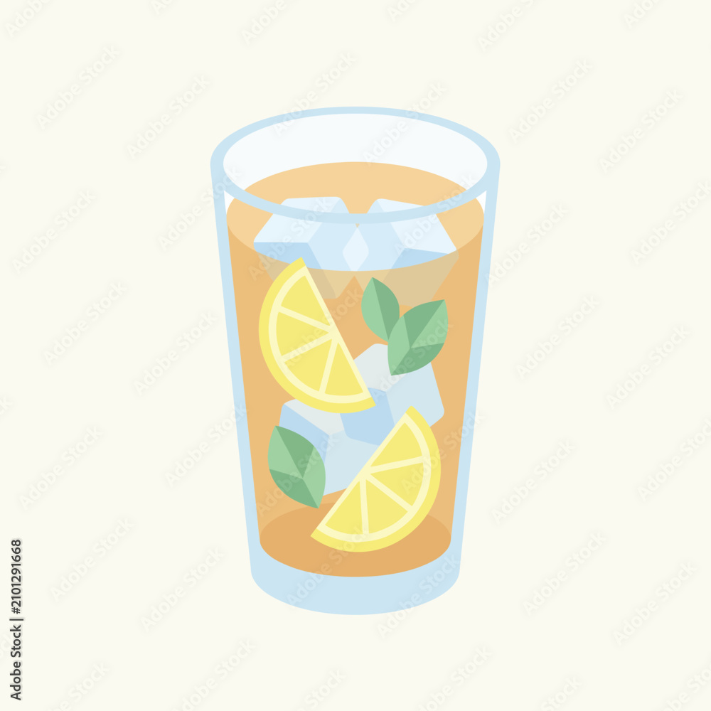 Fototapeta premium Refreshing Cold Iced Tea with Lemon Slices and Mint Leaves in a Glass Vector Illustration Design