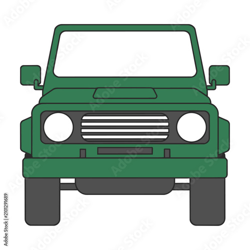 Minimalist front view outline of a boxy rugged off-road vehicle with symmetrical features and round headlights. Automotive design concept