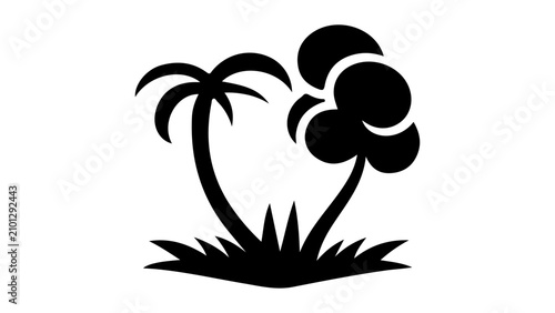 Minimalist palm tree and tropical leaves vector icon. Simple black silhouette of island nature and summer vacation elements.
