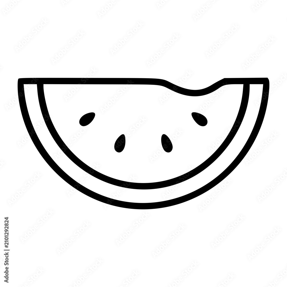Obraz premium Minimalist line art vector icon of fresh watermelon slice isolated on white background. Hand drawn outline style fruit illustration perfect for summer menus, juice bars and healthy lifestyle branding