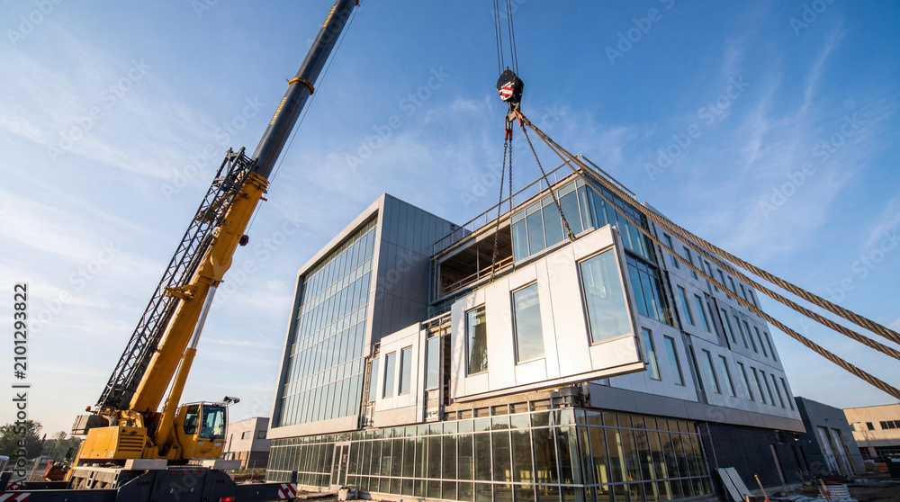 Fototapeta premium Mobile crane lifts modular unit onto a glass office building under blue sky, showing modern construction