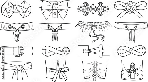 Canvas Print Collection of technical fashion sketches showing various fabric bows, knots, wai
