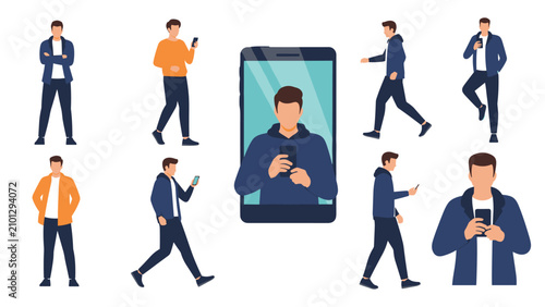 Collection of character poses showing a young man using his smartphone while walking, standing, and taking a selfie in casual clothing.