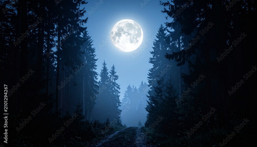 Fototapeta premium Mystical Moonlit Forest Landscape Under a Bright Full Moon with Blue Night Sky Clouds and Tree Silhouettes