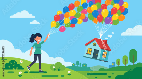 Cheerful woman releasing rainbow balloons lifting a tiny startup house above green hills, playful flat vector concept of dreams, relocation, growth, freedom, investment and new home success