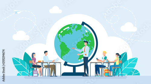 Teacher explaining geography with big globe in classroom. School students studying earth map on lecture, university lesson of ecology, global education concept. Flat illustration