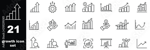 Growth icon set. Containing performance, gain, improvement, grow, chart, increase, evolution and development icons. Solid icon collection. Vector illustration. 