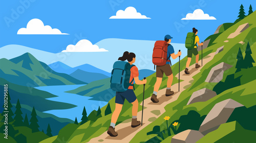 Adventurous hikers with backpacks climb a winding green mountain trail above blue lakes and layered valleys, sunny alpine landscape vector illustration for trekking, travel, outdoor exploration