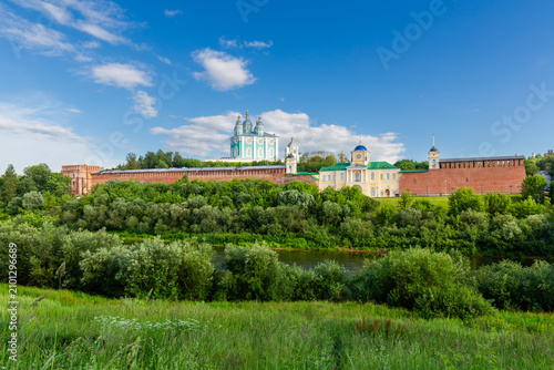 The fortress wall of the Smolensk Kremlin and Assumption Cathedral, Russia