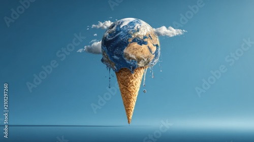 A surreal image depicts Earth as melting ice cream in a cone, against a vibrant blue sky with clouds. Dripping