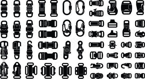 Foto Collection of vector icons featuring various plastic buckles, snap hooks, and ca