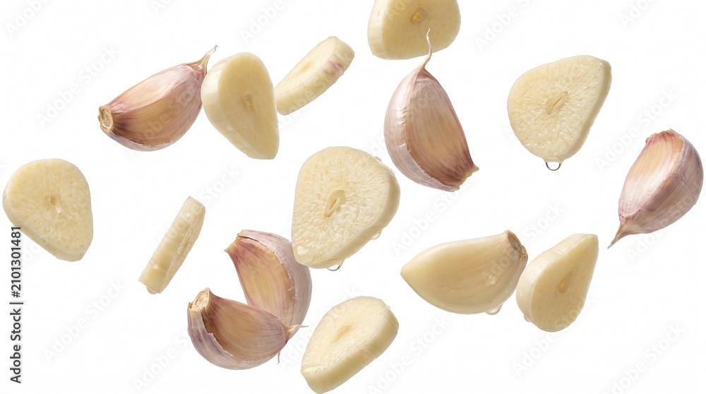 Obraz premium Fresh garlic cloves and slices falling isolated on white background