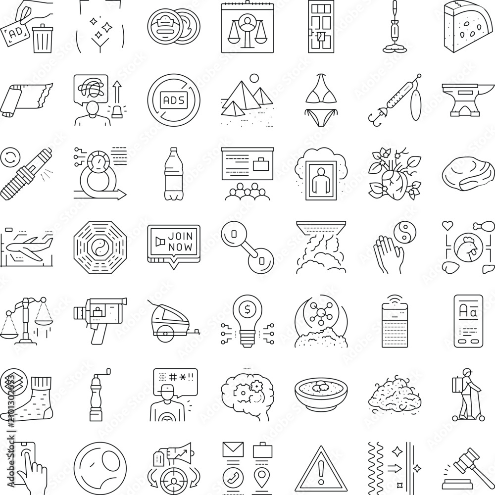 Fototapeta premium Variety of line icons illustrating modern concepts across diverse fields including business, technology, finance, health, food, nature, and daily life on a clean white background