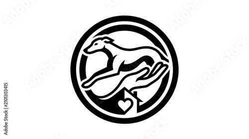 Fotografie Jumping greyhound and caring hand circle emblem