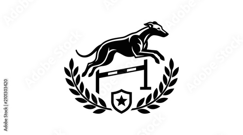 Canvas Print Jumping dog logo with laurel wreath and shield.