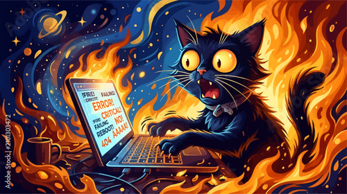 Konstfotografi Horrified Black Cat Typing on Laptop with Critical System Error Screen, Surround