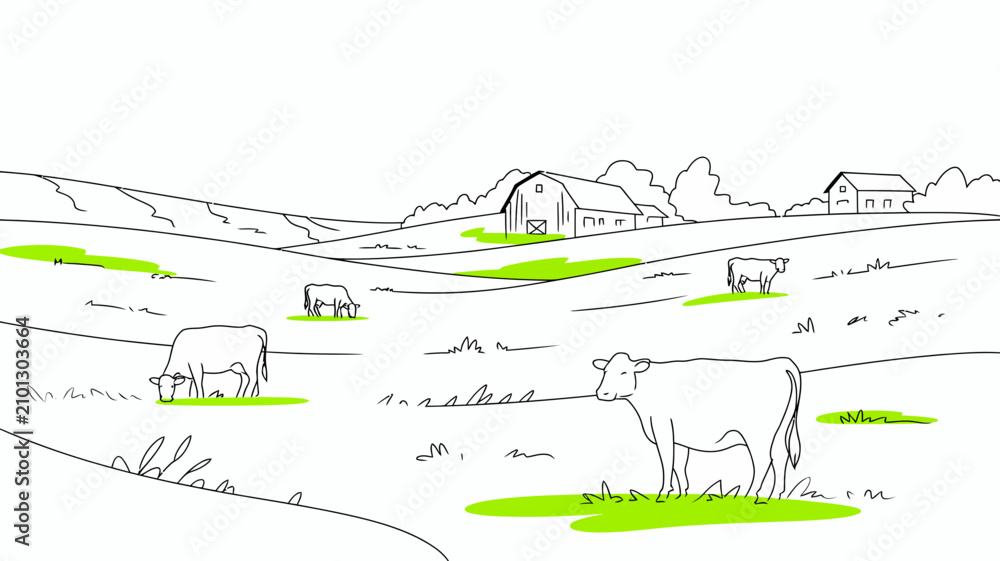 Obraz premium Rustic farm landscape illustration with cows, pastoral countryside panorama, agricultural background with houses. Sketch style outdoors view. Agricultural grazing animals scene. Green field
