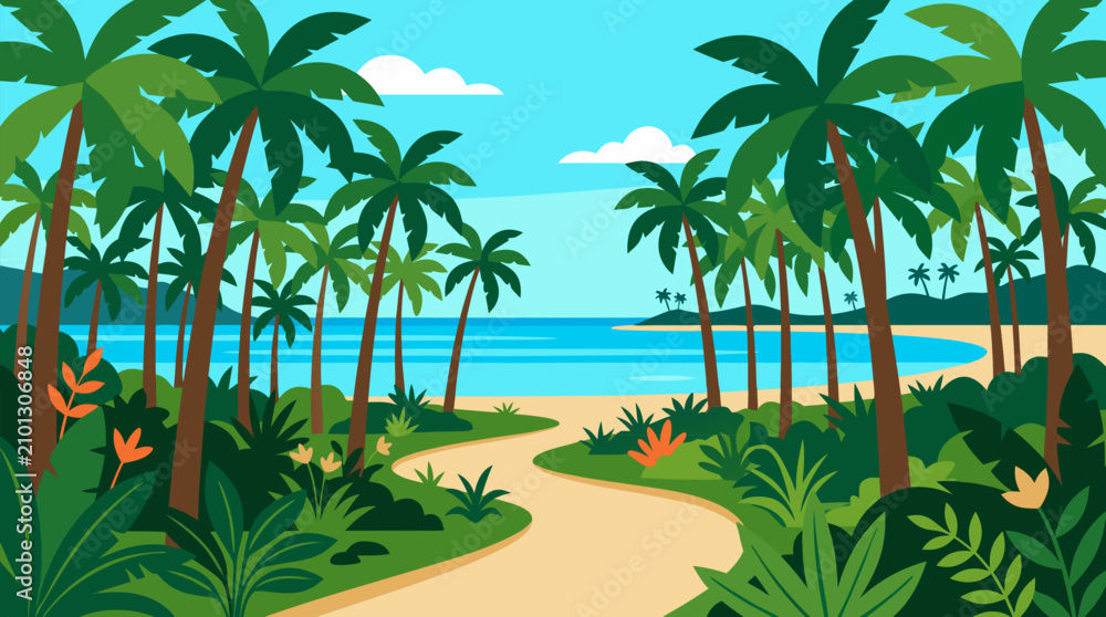 Fototapeta premium Tropical jungle path winding through lush palm trees toward turquoise ocean, sandy beach, distant island and bright summer sky in vibrant flat vector paradise landscape illustration design