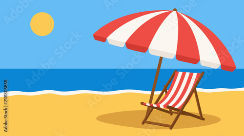 Red and white striped beach umbrella shading a matching folding chair on golden sand, calm blue ocean waves and bright sun in cheerful vector style for summer vacation themes and travel posters