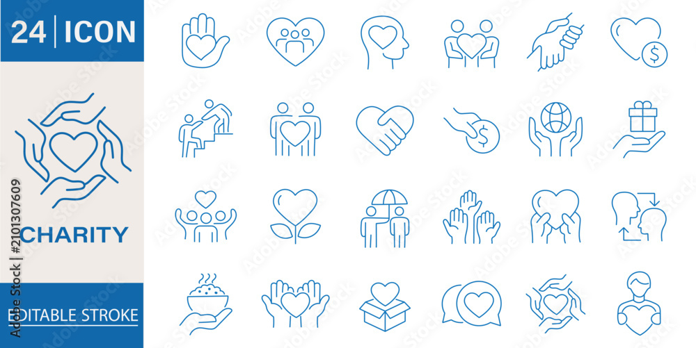 Fototapeta premium Charity and donation line icons set. Nonprofit, fundraising, and support symbols collection. Help, community, giving. Editable stroke. vector illustration