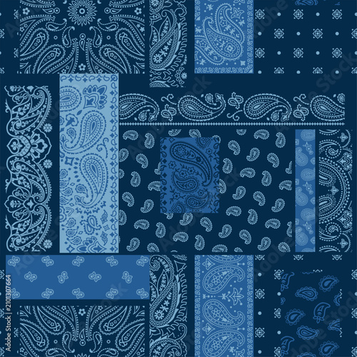 Bandana kerchief paisley fabric patchwork wallpaper abstract vector seamless pattern for scarf kerchief shirt fabric carpet rug tablecloth pillow
