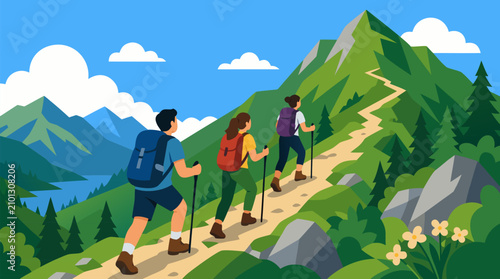 Three hikers with backpacks and trekking poles climb a winding alpine trail through lush green mountains, pine forest, wildflowers, lake valley and bright blue sky in vibrant flat vector style