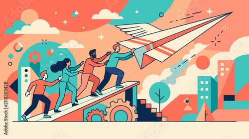Energetic startup team pushing a giant winged paper airplane into flight, diverse coworkers climbing a ramp with gears, city shapes, clouds, stars, coral turquoise vector illustration