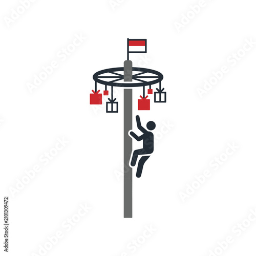 Flat vector illustration of a person climbing a panjat pinang pole with hanging gift prizes and the Indonesian national flag, celebrating Independence Day, isolated on a white background.
