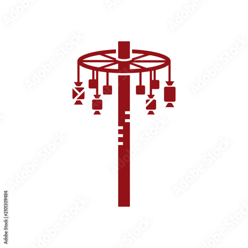 Solid red silhouette vector icon of a traditional Indonesian panjat pinang pole with hanging prizes for Independence Day celebrations, isolated on a white background.