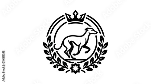 Obraz na płótnie Circular greyhound dog logo with crown and leaves.