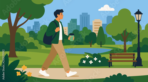 Young Professional Man Walking Through Green City Park Carrying Reusable Coffee Cup, Urban Lifestyle Morning Commute, Modern City Skyline Background, Vector Flat Design Illustration