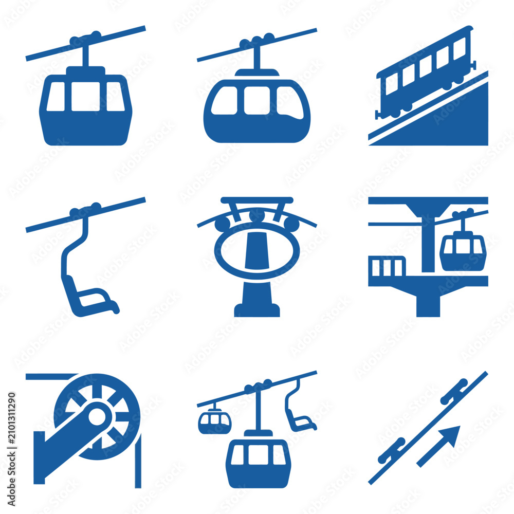 Fototapeta premium A graphic illustration of various cable car icons suspended by cables on a white background.