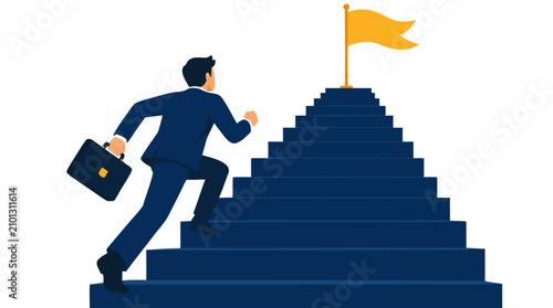 Businessman in blue suit running up tall blue staircase carrying briefcase towards golden flag at top, symbolizing career success and ambition, vector illustration on white.