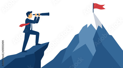 Ambitious businessman standing on cliff with telescope looking at mountain peak with red flag, bold flat vector illustration of corporate success, strategic vision, leadership goals, business